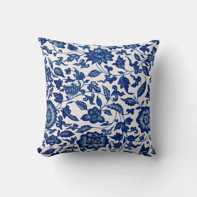 Blue Chinese Ornamental Floral Cushion (Front)