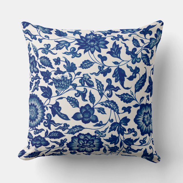 Blue Chinese Ornamental Floral Throw Pillow (Front)
