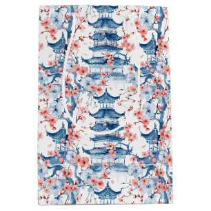 Blue Chinese Pagoda Cherry Blossom Pattern Medium Gift Bag