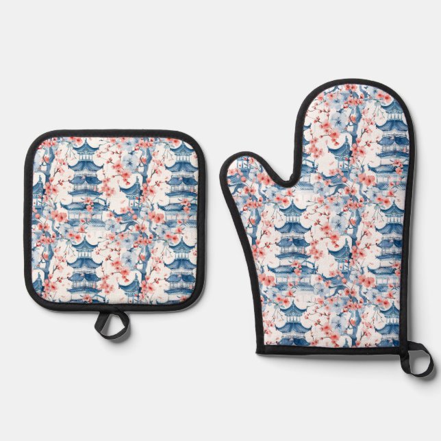 Blue Chinese Pagoda Cherry Blossom Pattern Oven Mitt & Pot Holder Set (Front)