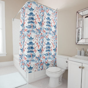 Blue Chinese Pagoda Cherry Blossom Pattern Shower Curtain