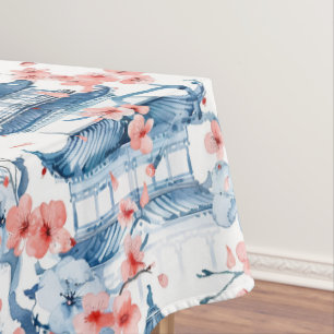 Blue Chinese Pagoda Cherry Blossom Pattern Tablecloth
