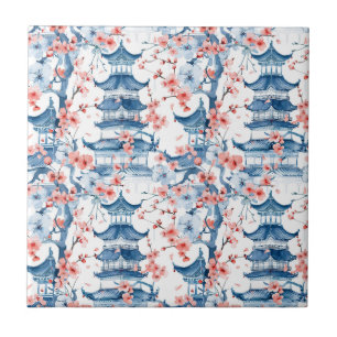 Blue Chinese Pagoda Cherry Blossom Pattern Tile