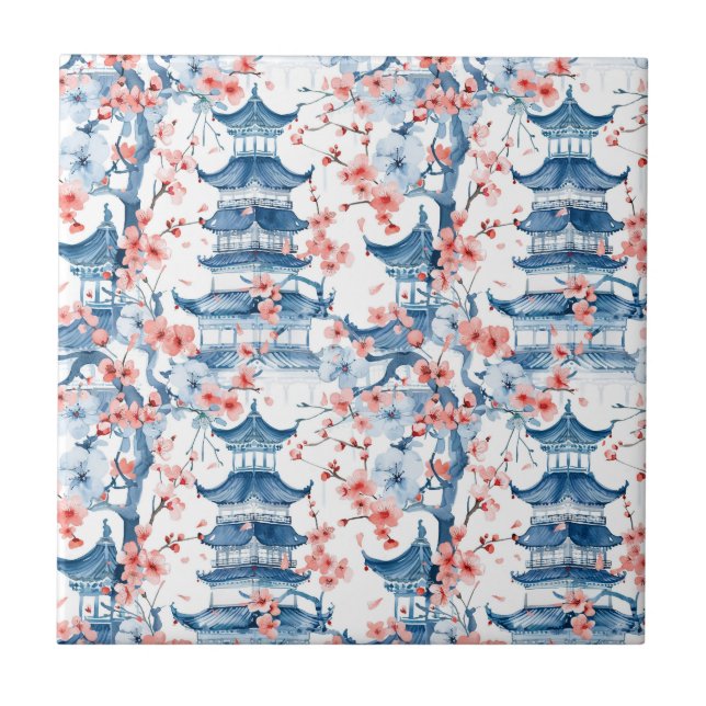 Blue Chinese Pagoda Cherry Blossom Pattern Tile (Front)