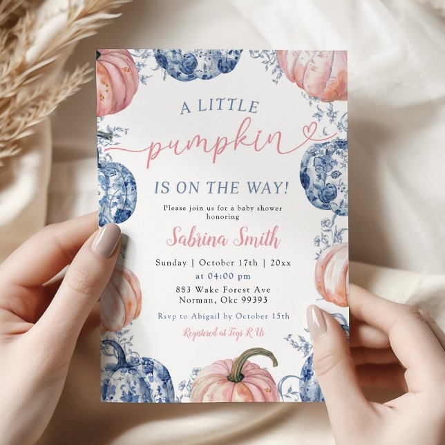 Blue Chinoiserie and Pink Pumpkin Fall Baby Shower Invitation (Creator Uploaded)