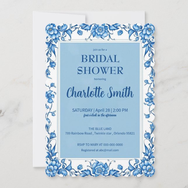 Blue Chinoiserie antique Floral bridal shower Save The Date (Front)