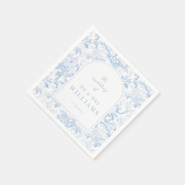 Blue chinoiserie arch wedding paper napkins (Corner)