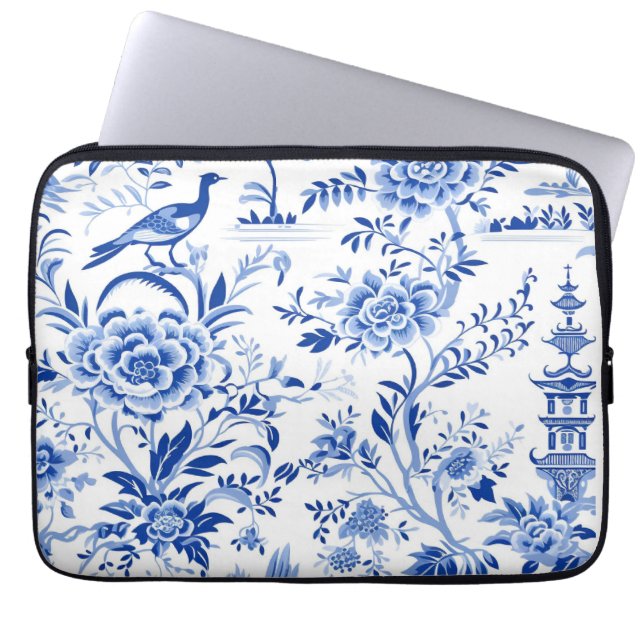 Blue Chinoiserie Asian French Toile Laptop Sleeve (Front)