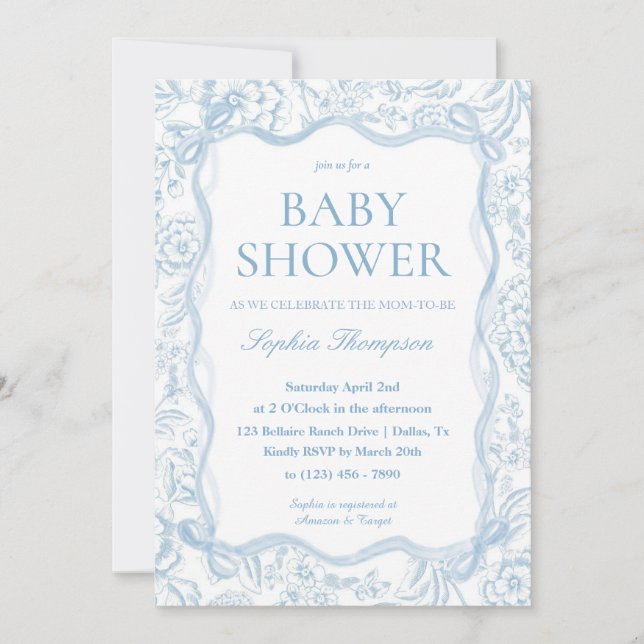 Blue Chinoiserie Baby Shower Invitation (Front)