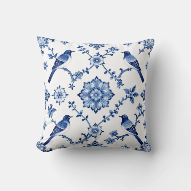 Blue Chinoiserie Bird Floral Pattern Cushion (Front)