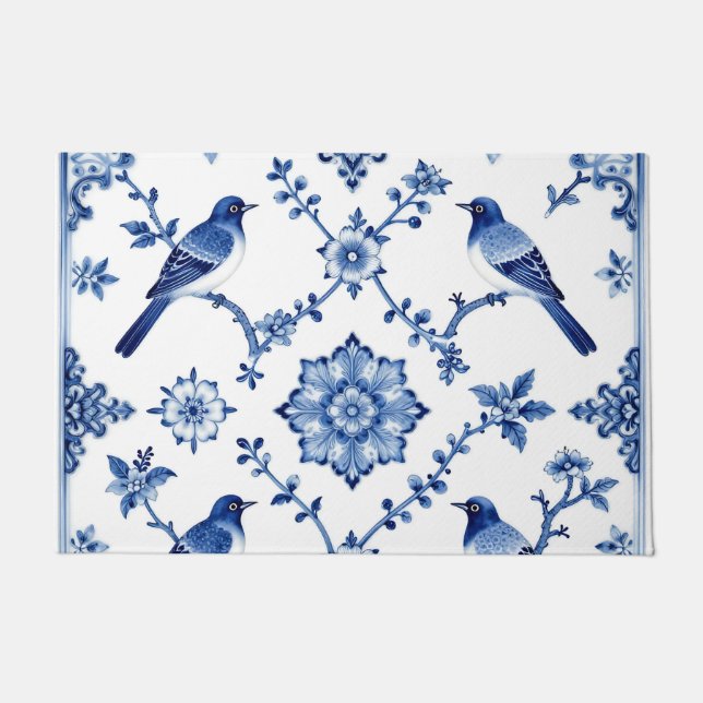 Blue Chinoiserie Bird Floral Pattern Doormat (Front)