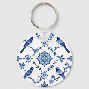 Blue Chinoiserie Bird Floral Pattern Key Ring