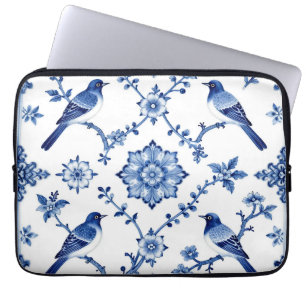 Blue Chinoiserie Bird Floral Pattern Laptop Sleeve