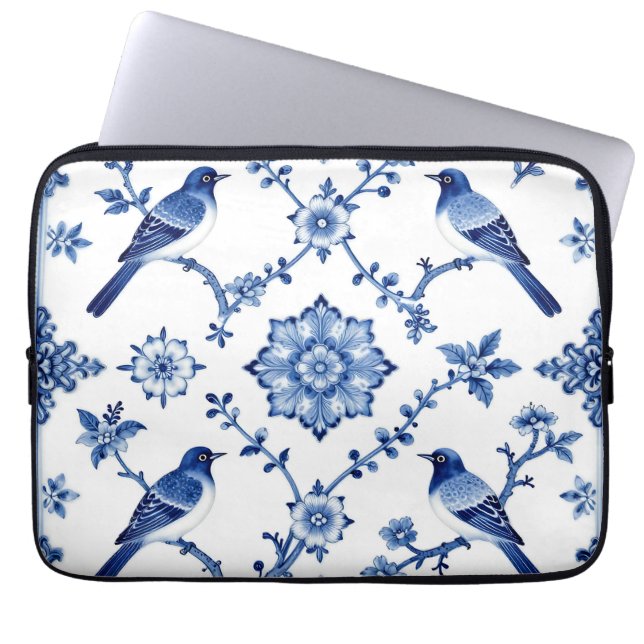 Blue Chinoiserie Bird Floral Pattern Laptop Sleeve (Front)