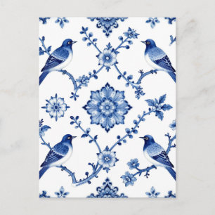 Blue Chinoiserie Bird Floral Pattern Postcard