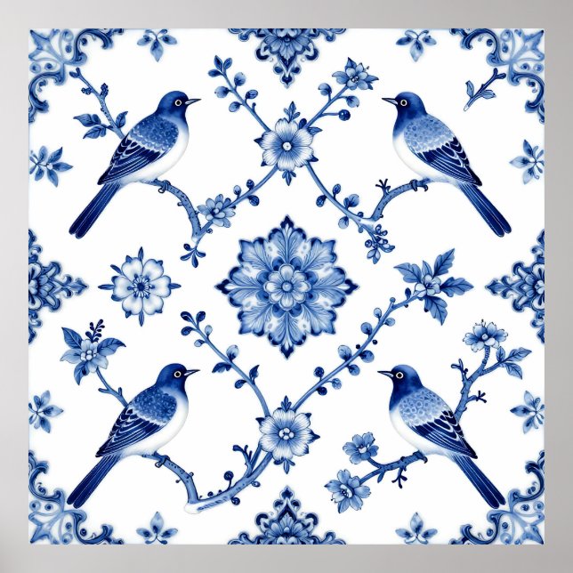 Blue Chinoiserie Bird Floral Pattern Poster (Front)