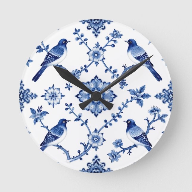 Blue Chinoiserie Bird Floral Pattern Round Clock (Front)