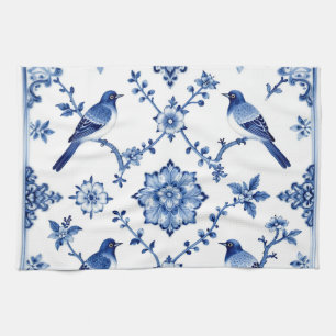 Blue Chinoiserie Bird Floral Pattern Tea Towel