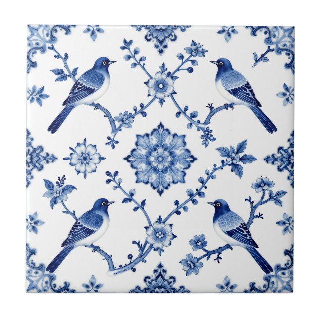 Blue Chinoiserie Bird Floral Pattern Tile (Front)