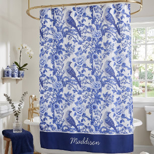 Blue Chinoiserie Bird Monogram Floral Shower Curtain