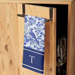 Blue Chinoiserie Bird Monogram Floral Tea Towel