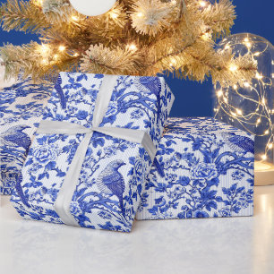 Blue Chinoiserie Bird Monogram Floral Wrapping Paper