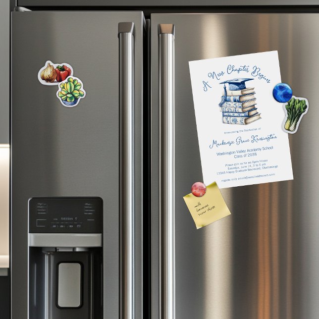 Blue Chinoiserie Books New Chapter Graduation Magnetic Invitation (Blue Chinoiserie Books New Chapter Graduation Magnetic Invitation Annoucements)