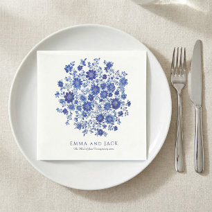 Blue Chinoiserie Bouquet Wedding names and date Napkin