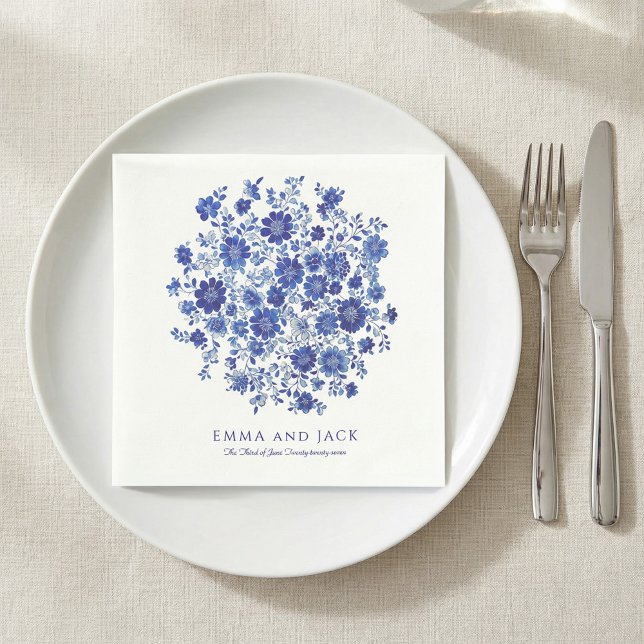 Blue Chinoiserie Bouquet Wedding names and date Napkin (Blue Chinoiserie Bouquet Wedding names and date Napkins)