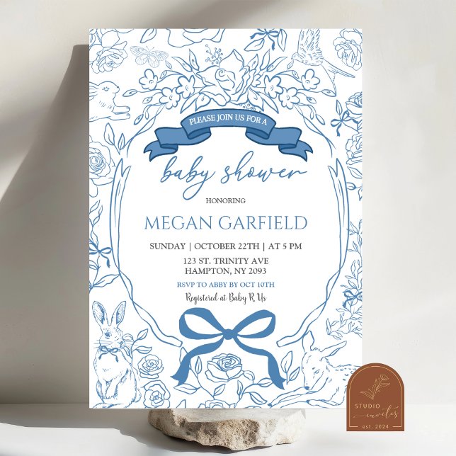 Blue Chinoiserie Bow Woodland Safari Baby Shower Invitation (Creator Uploaded)