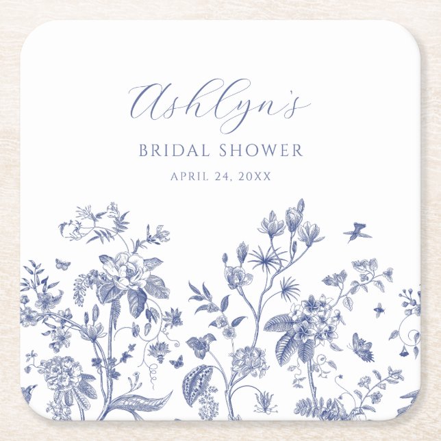 Blue Chinoiserie Bridal Shower Paper Coaster (Front)