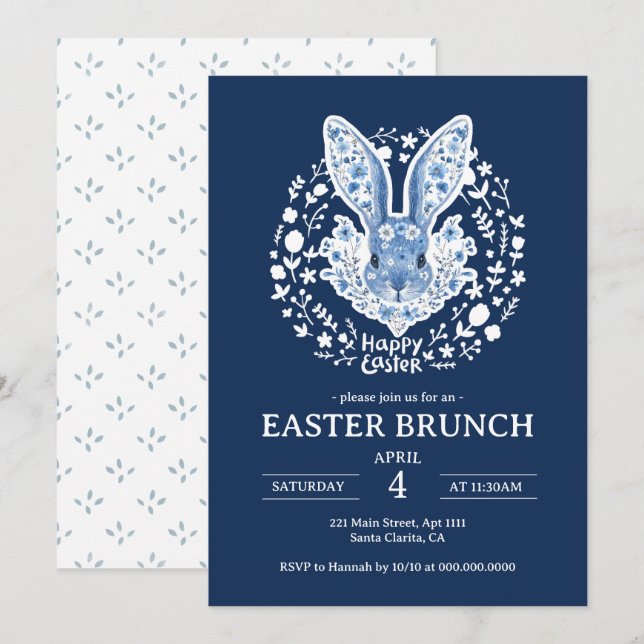 Blue Chinoiserie Bunny Easter Brunch Invitation (Front/Back)