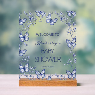Blue Chinoiserie Butterfly Baby Shower Invitation Acrylic Sign