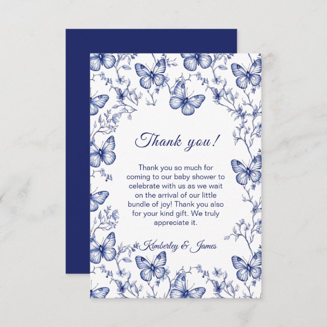Blue Chinoiserie Butterfly Baby Shower Thank You  Enclosure Card (Front/Back)