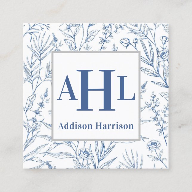 Blue Chinoiserie calling card, Monogram Enclosure Square Business Card (Front)