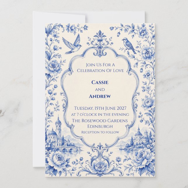 Blue Chinoiserie Castle Wedding Invitation (Front)
