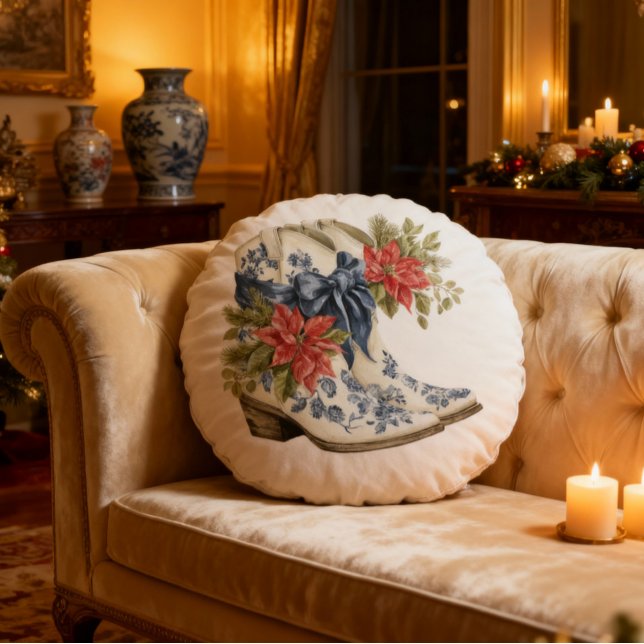 Blue Chinoiserie Christmas Cowgirl Boots Pillow (Cozy Sofa with Chinoiserie Luxury Decor)