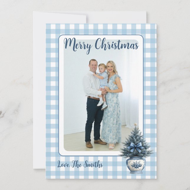 Blue Chinoiserie Christmas tree Grandmillenial Holiday Card (Front)
