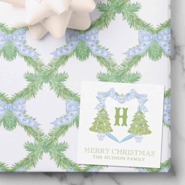 Blue Chinoiserie Christmas Tree Monogram Crest Card (Creator Uploaded)