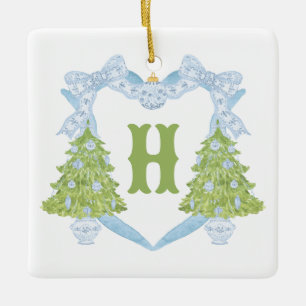 Blue Chinoiserie Christmas Tree Monogram Crest Ceramic Ornament