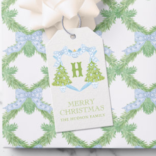 Blue Chinoiserie Christmas Tree Monogram Crest Gift Tags