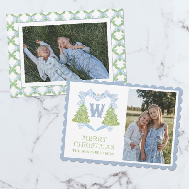 Blue Chinoiserie Christmas Tree Monogram Crest Holiday Card (Creator Uploaded)