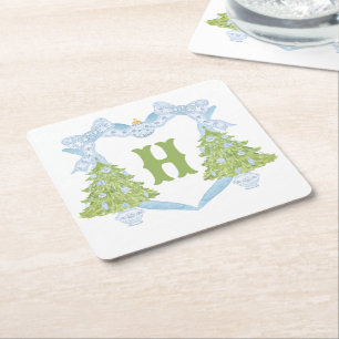 Blue Chinoiserie Christmas Tree Monogram Crest Square Paper Coaster