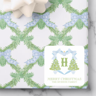Blue Chinoiserie Christmas Tree Monogram Crest Square Sticker