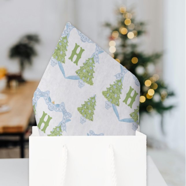 Blue Chinoiserie Christmas Tree Monogram Crest Tissue Paper (Creator Uploaded)