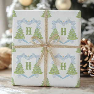 Blue Chinoiserie Christmas Tree Monogram Crest Wrapping Paper
