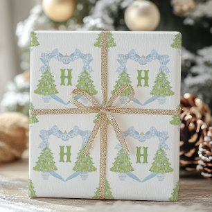 Blue Chinoiserie Christmas Tree Monogram Crest Wrapping Paper Sheet