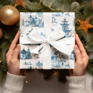 Blue Chinoiserie Christmas Village Wrapping Paper