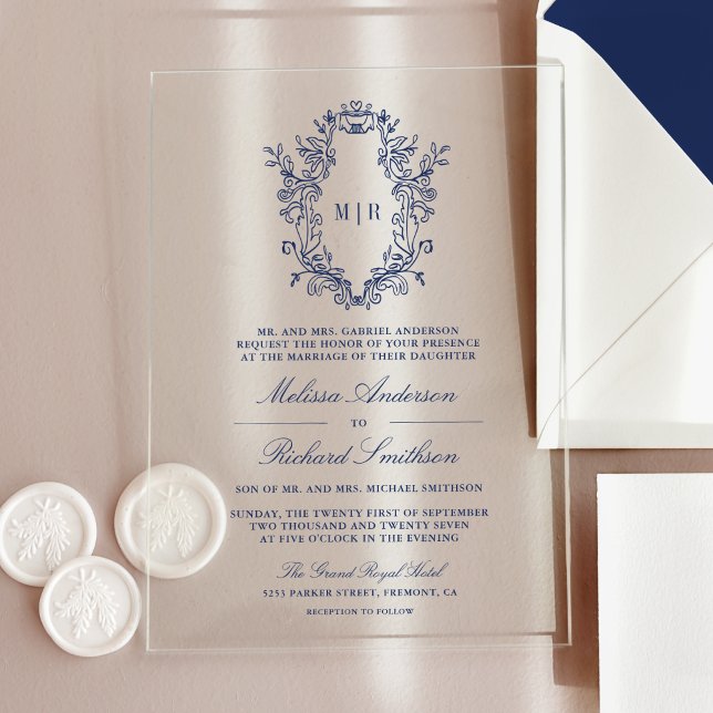 Blue Chinoiserie Crest Monogram Wedding Acrylic Invitations (Creator Uploaded)