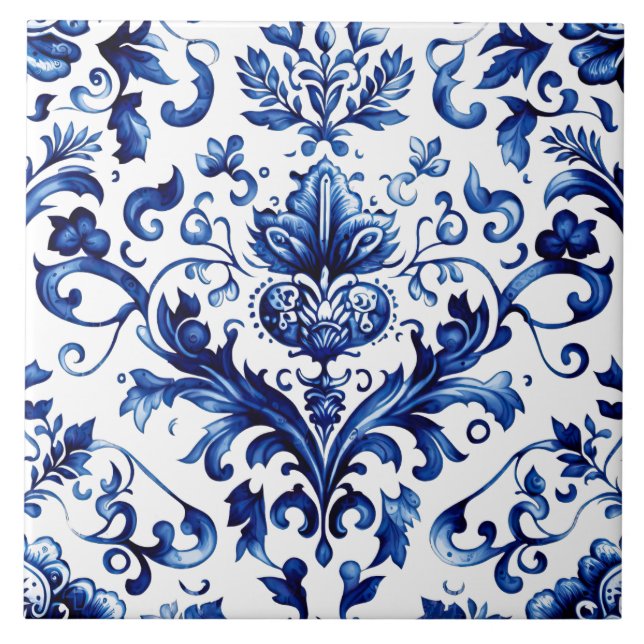 Blue Chinoiserie Damask Baroque ornament  Tile (Front)